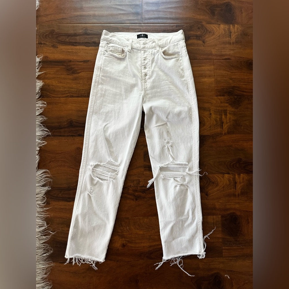 7 For All Mankind White High Rise Distressed Jeans